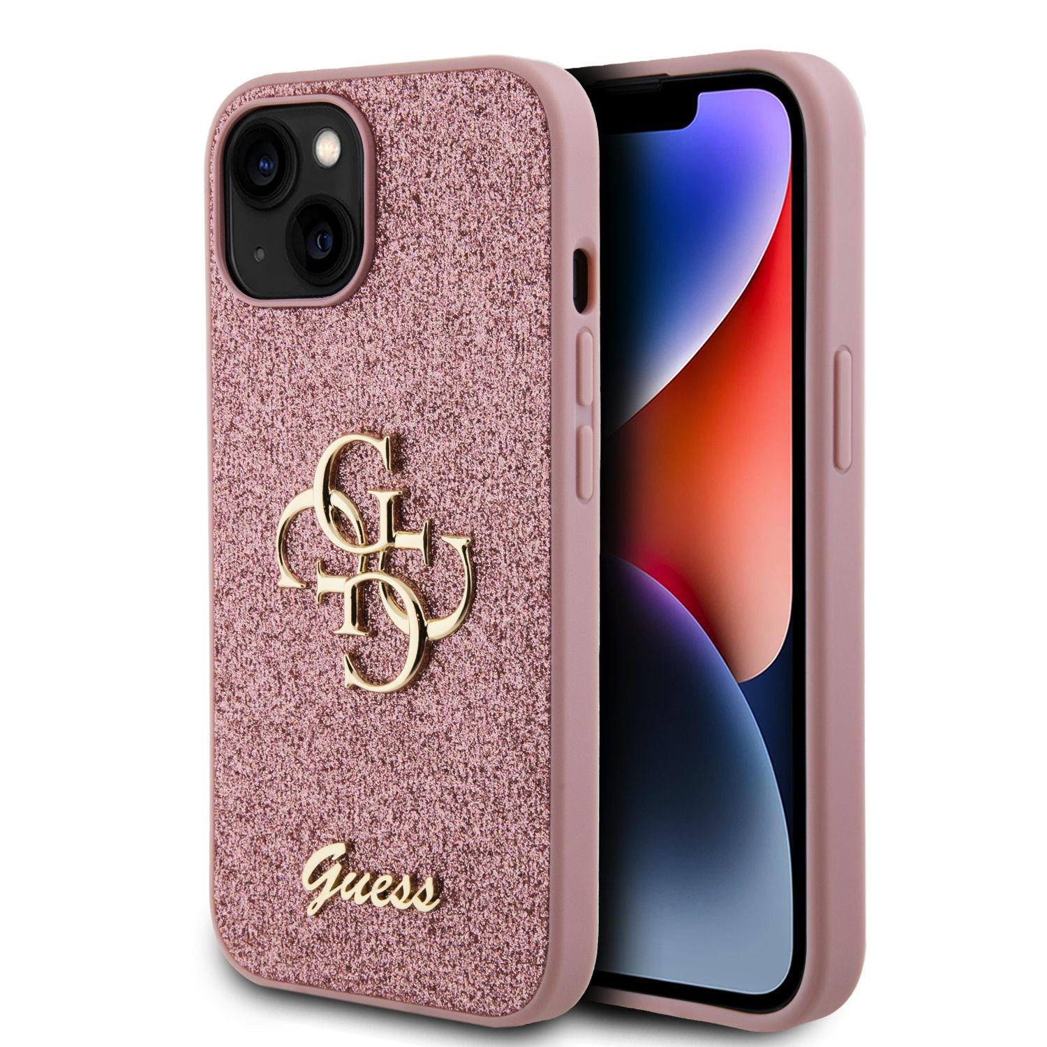Guess PU Fixed Glitter 4G Metal Logo Pink Kryt iPhone 15